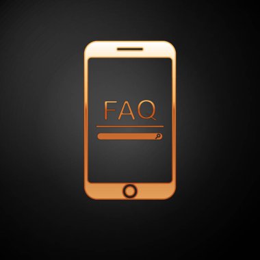 Siyah arkaplanda Faq bilgi simgesi olan altın cep telefonu. Sık sık sorulan sorular. Vektör İllüstrasyonu