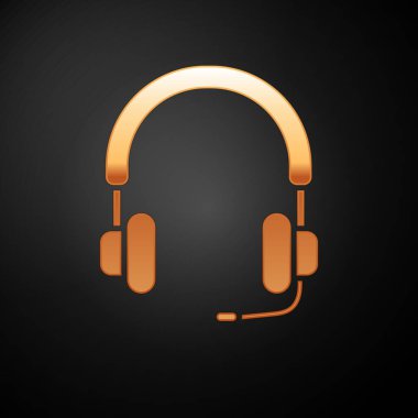 Siyah arka planda izole edilmiş altın kulaklık simgesi. Kulaklıklar. Müzik, hizmet, iletişim ve operatör konsepti. Vektör İllüstrasyonu