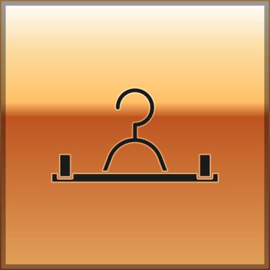 Altın arka planda siyah askı kostüm ikonu var. Vestiyer ikonu. Kıyafet servis sembolü. Çamaşır askı tabelası. Vektör İllüstrasyonu