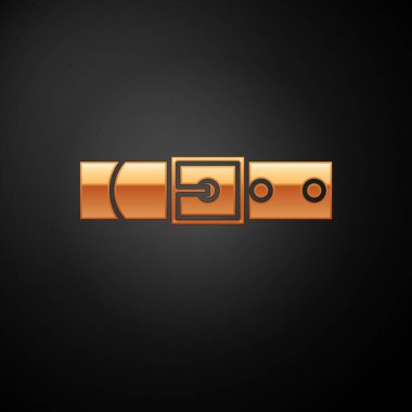 Siyah arka planda izole edilmiş düğmeli çelik toka ikonu olan altın deri kemer. Vektör İllüstrasyonu