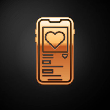 Siyah arka planda kalp ikonu olan altın cep telefonu. Sevgililer Günü. Vektör İllüstrasyonu