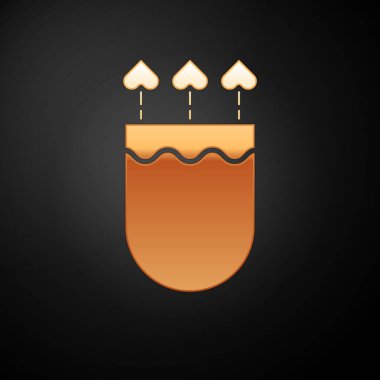 Siyah arka planda izole edilmiş altın titreşimler ve kalp ikonu olan oklar. Aşk tanrısı sembolü. Aşk işareti. Sevgililer Günü konsepti. Vektör İllüstrasyonu