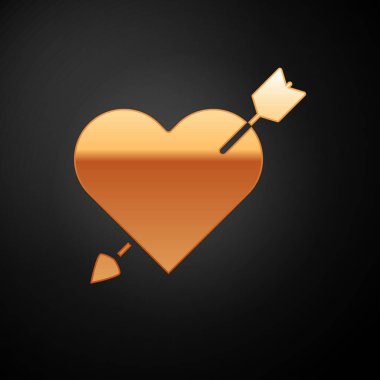 Siyah zemin üzerinde kalp ve ok simgesi olan Gold Amour sembolü. Aşk işareti. Sevgililer Günü sembolü. Vektör İllüstrasyonu