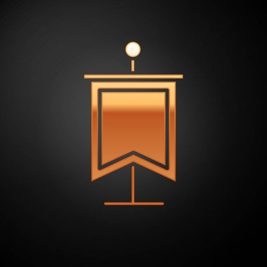 Altın Ortaçağ bayrağı simgesi siyah arkaplanda izole edilmiş. Bir kral ya da kraliçe tarafından yönetilen ülke, devlet ya da bölge. Vektör İllüstrasyonu