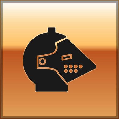 Siyah Ortaçağ demir miğferi, altın arka planda izole edilmiş kafa koruma ikonu. Vektör İllüstrasyonu