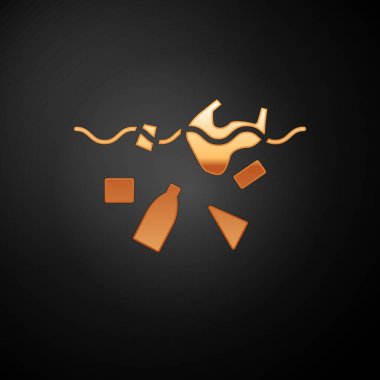 Altın, okyanus ikonunun kirliliği sorunu siyah arka planda izole edildi. Çöpler, plastikler, denizdeki poşetler. Vektör İllüstrasyonu