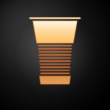 Siyah arkaplanda izole edilmiş altın kağıt cam ikonu. Soda bardağı. Taze soğuk içecek sembolü. Vektör İllüstrasyonu