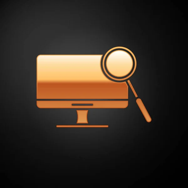 Icono de diagnóstico de monitor Gold Computer aislado sobre fondo negro. Ajuste de la aplicación, servicio, opciones de configuración, mantenimiento, reparación. Ilustración vectorial — Vector de stock