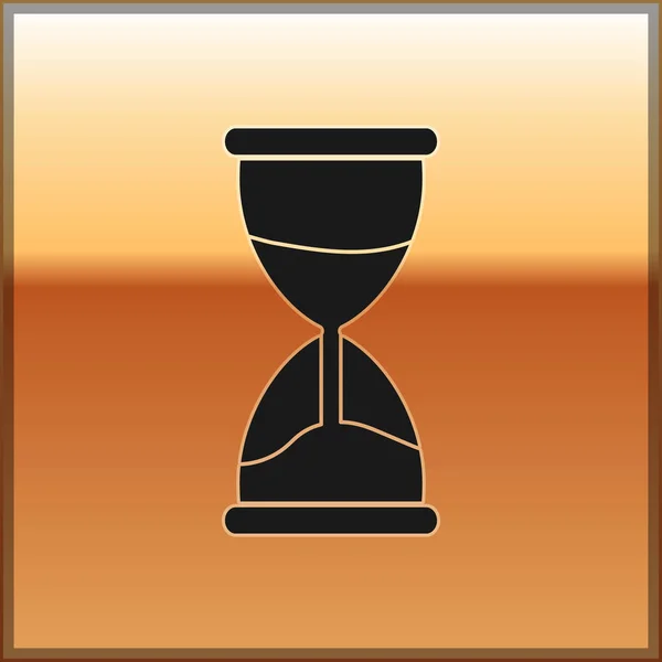 Черные старые песочные часы с плавающей иконой песка изолированы на золотом фоне. Песок на часах. Концепция управления бизнесом и временем. Векторная миграция — стоковый вектор