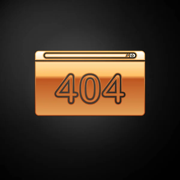 Gold Page avec une icône d'erreur 404 isolée sur fond noir. Le modèle indique que la page n'est pas trouvée. Illustration vectorielle — Image vectorielle