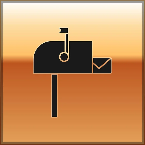 Siyah Açık posta kutusu simgesi altın arkaplanda izole edildi. Posta kutusu simgesi. Posta kutusunda bayrak var. Vektör İllüstrasyonu — Stok Vektör