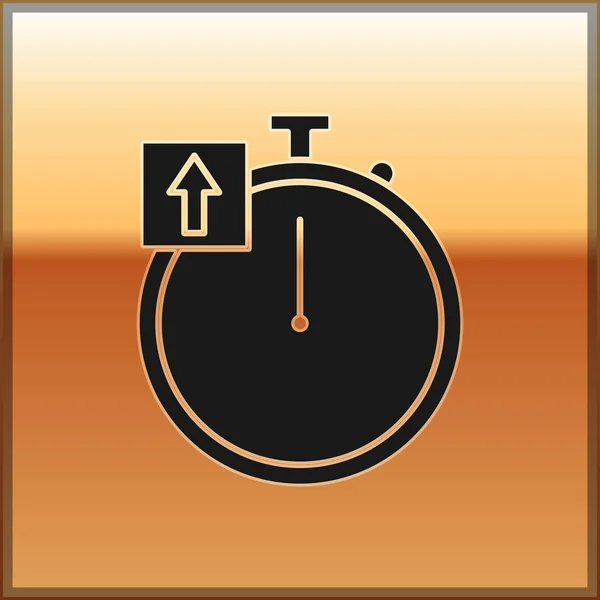 Schwarzes Stoppuhr-Symbol isoliert auf goldenem Hintergrund. Zeitzeichen. Chronometerzeichen. Vektorillustration — Stockvektor