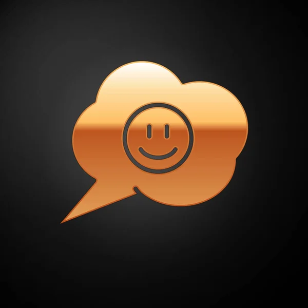 Burbuja Gold Speech con icono de la cara sonrisa aislado sobre fondo negro. Emoticono sonriente. Feliz símbolo de chat sonriente. Ilustración vectorial — Archivo Imágenes Vectoriales