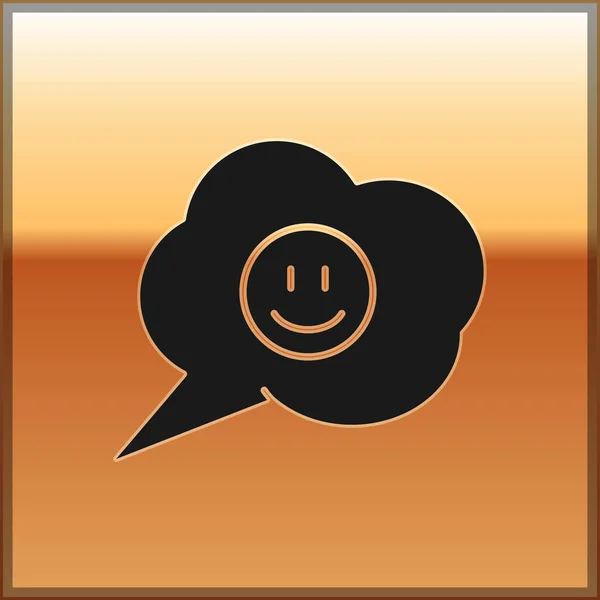 Bulle d'élocution noire avec icône sourire sur fond doré. Émoticône souriant. Joyeux symbole de chat souriant. Illustration vectorielle — Image vectorielle