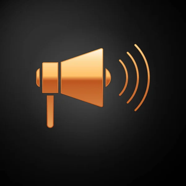 Gold Megaphone icon isolated on black background. Loud speach alert concept. Bullhorn for Mouthpiece scream promotion. Vector Illustration — 스톡 벡터