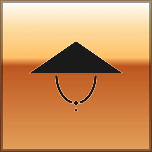 Schwarz asiatischen konischen Hut Symbol isoliert auf goldenem Hintergrund. Chinesischer konischer Strohhut. Vektorillustration — Stockvektor