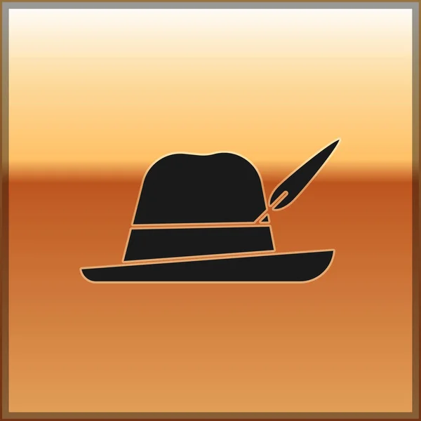 Černá ikona klobouku Oktoberfest izolované na zlatém pozadí. Lovecký klobouk s peřím. Německý klobouk. Vektorová ilustrace — Stockový vektor