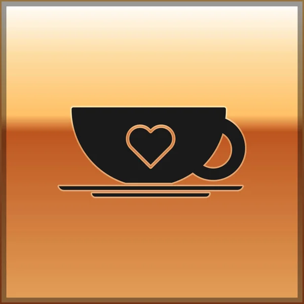 Tasse à café noire et icône de coeur isolé sur fond d'or. Couple café pour les amoureux le jour de la Saint-Valentin. Illustration vectorielle — Image vectorielle
