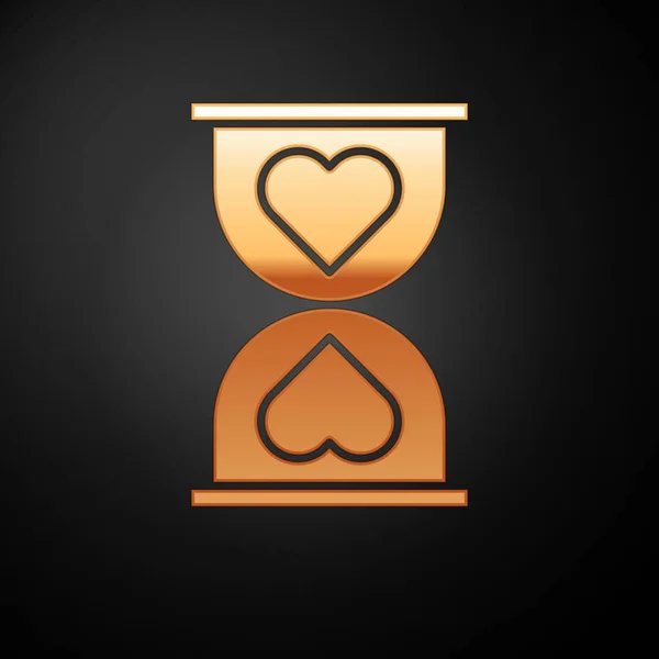 Gold Heart in the center old hourglass icon isolated on black background. Valentines day. Vector Illustration — 스톡 벡터