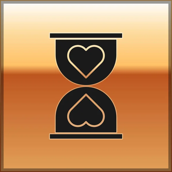 Black Heart in the center old hourglass icon isolated on gold background. Valentines day. Vector Illustration — 스톡 벡터