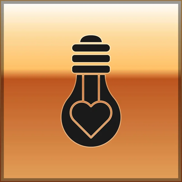 Forma de coração preto em um ícone de lâmpada isolada em fundo dourado. Símbolo de amor. Símbolo do dia dos namorados. Ilustração vetorial — Vetor de Stock