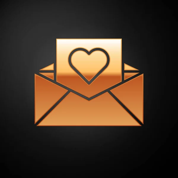 Arany boríték Valentin szív ikon elszigetelt fekete háttérrel. Üzenetszeretet. Levél szerelem és romantika. Vektorillusztráció — Stock Vector