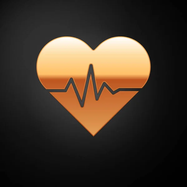 Icono Gold Heart rate aislado sobre fondo negro. Signo de latido. Icono de pulso. Icono del cardiograma. Ilustración vectorial — Archivo Imágenes Vectoriales