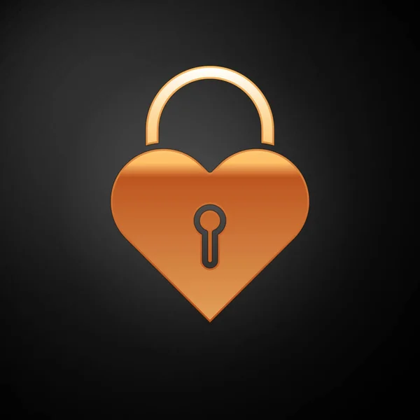 Gouden kasteel in de vorm van een hart pictogram geïsoleerd op zwarte achtergrond. Vergrendelde hart. Liefde symbool en Keyhole teken. Vector illustratie — Stockvector