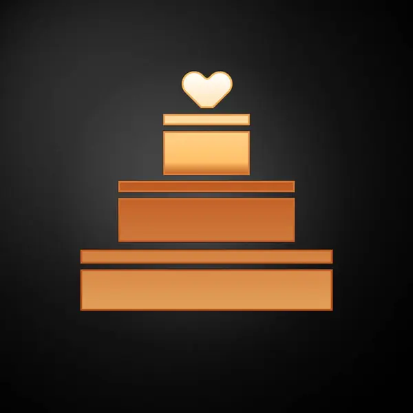 Pastel de boda de oro con icono del corazón aislado sobre fondo negro. Símbolo de San Valentín. Ilustración vectorial — Vector de stock