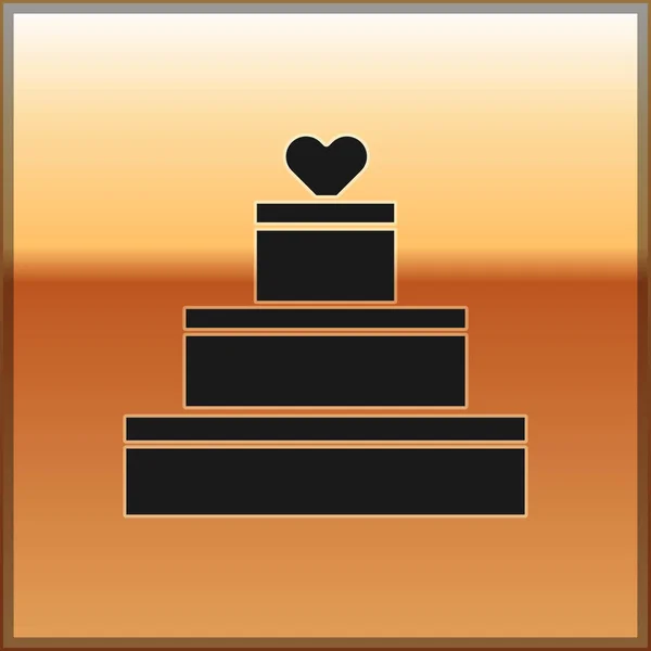 Bolo de casamento preto com ícone de coração isolado no fundo de ouro. Símbolo do dia dos namorados. Ilustração vetorial —  Vetores de Stock