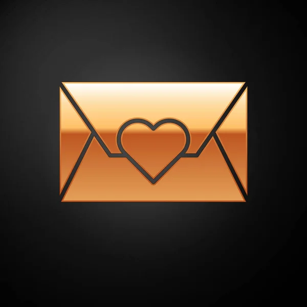 Gouden Envelop met Valentijn hart pictogram geïsoleerd op zwarte achtergrond. Boodschap liefde. Brief liefde en romantiek. Vector Illustratie — Stockvector