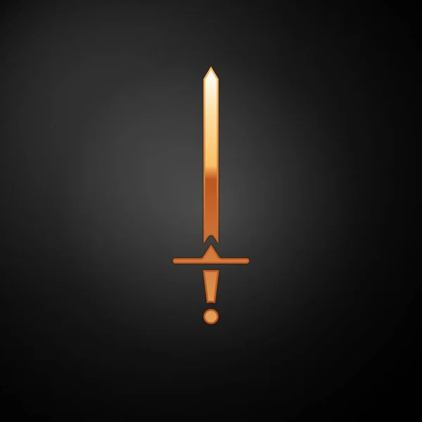 Icono de espada medieval dorado aislado sobre fondo negro. Arma medieval. Ilustración vectorial — Vector de stock