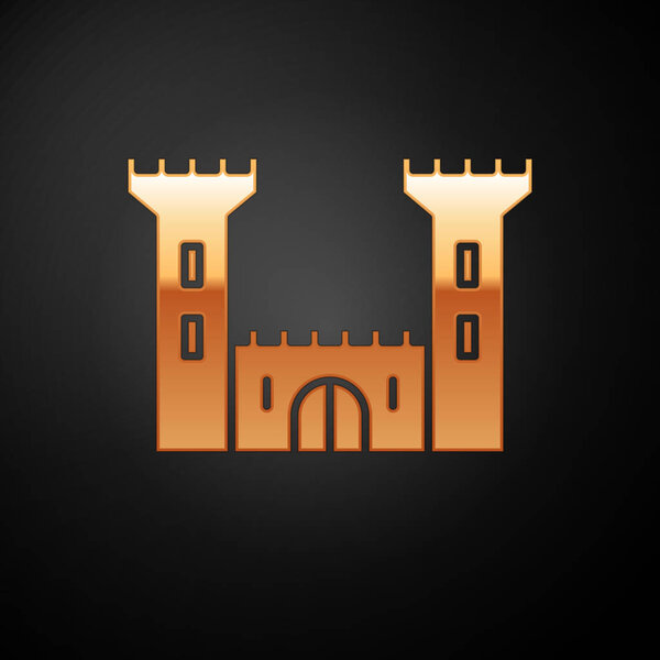 Gold Castle icon isolated on black background. Fortress sign. Vector Illustration
