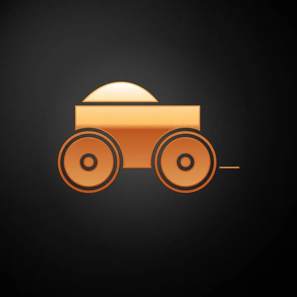 Gold Wooden four-wheel cart with hay icon isolated on black background. Vector Illustration — Stock Vector