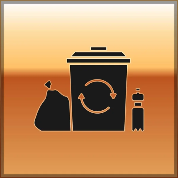 Lixeira preta com ícone de símbolo de reciclagem isolado no fundo de ouro. Ícone da lata de lixo. Sinal de lixeira. Cesta de reciclagem. Ilustração vetorial —  Vetores de Stock