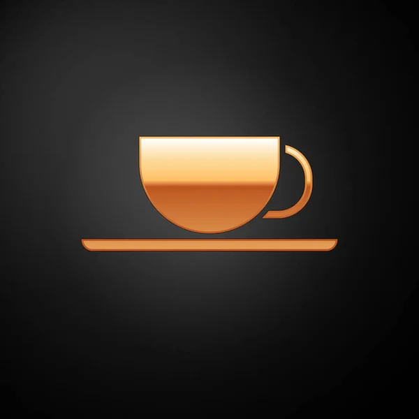 Goldene Kaffeetasse Symbol isoliert auf schwarzem Hintergrund. Teetasse vorhanden. Heißgetränk Kaffee. Vektorillustration — Stockvektor