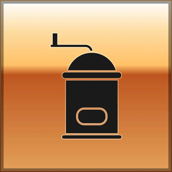 Zwart Handmatige koffiemolen pictogram geïsoleerd op gouden achtergrond. Vector Illustratie — Stockvector