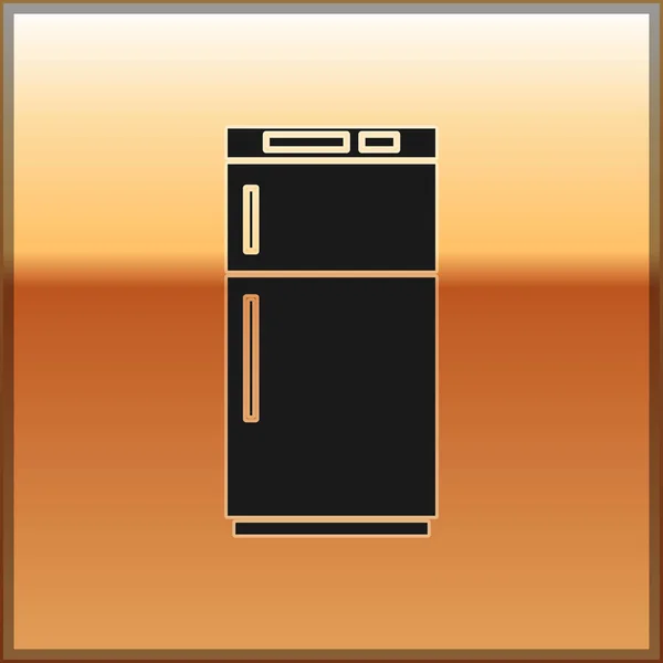 Icono del refrigerador negro aislado sobre fondo dorado. Refrigerador congelador refrigerador. Tecnología y electrodomésticos. Ilustración vectorial — Vector de stock