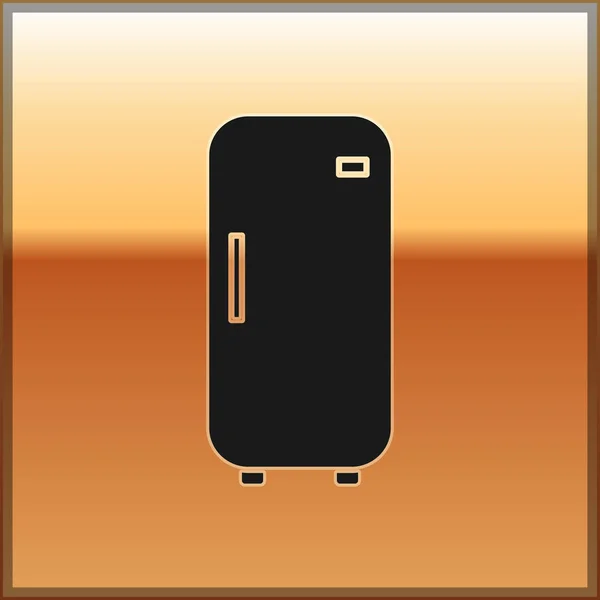 Svart kylskåp ikonen isolerad på guld bakgrunden. Kylskåp frys kylskåp. Hushållens tech och vitvaror. Vektorillustration — Stock vektor