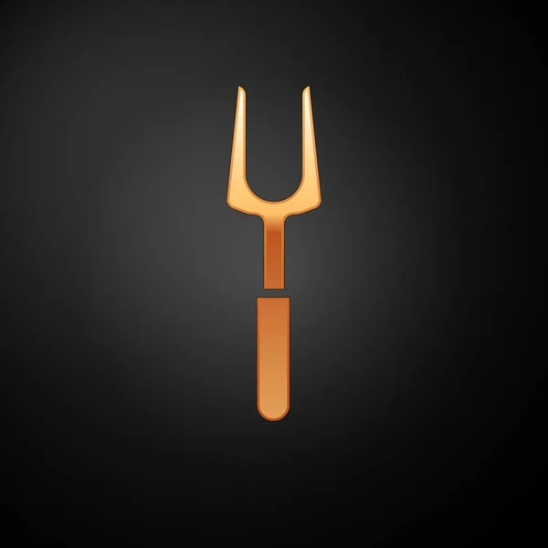 Oro icona della forchetta barbecue isolato su sfondo nero. Segnale forchetta barbecue. Barbecue e strumento griglia. Illustrazione vettoriale — Vettoriale Stock