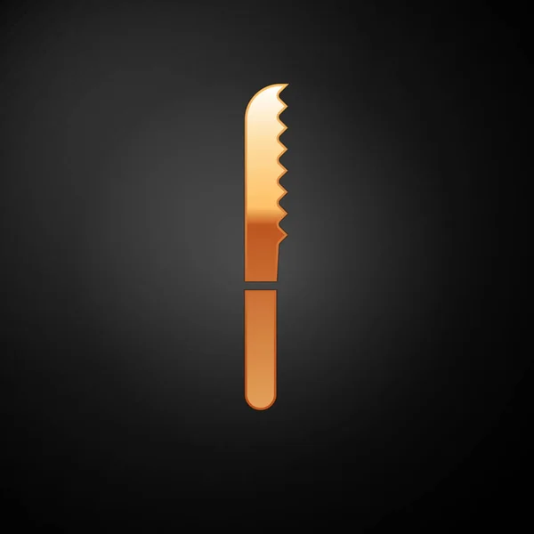 Ícone de faca de pão de ouro isolado no fundo preto. Símbolo de talheres. Ilustração vetorial — Vetor de Stock