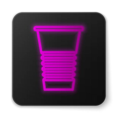 Parlayan neon çizgi kağıt cam ikonu beyaz arkaplanda izole edildi. Soda bardağı. Taze soğuk içecek sembolü. Siyah kare düğme. Vektör İllüstrasyonu