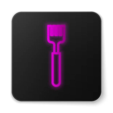 Parlayan neon çizgisi Fork simgesi beyaz arkaplanda izole edildi. Çatal bıçak sembolü. Siyah kare düğme. Vektör İllüstrasyonu
