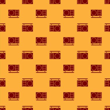 Fırça simgesi ile kırmızı göz gölgesi paleti kahverengi arka planda izole edilmiş pürüzsüz desen. Vektör İllüstrasyonu