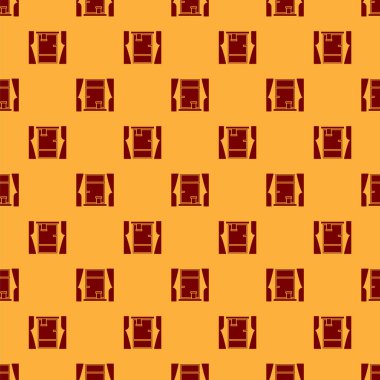 Oda simgesinde perdeleri olan kırmızı pencere kahverengi arkaplandaki pürüzsüz deseni izole etti. Vektör İllüstrasyonu