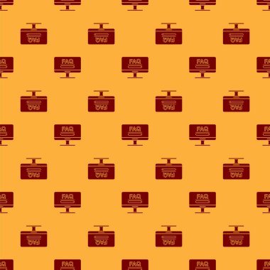 Kırmızı Bilgisayar monitörü, Faq bilgi simgesi ile kahverengi arkaplanda izole edilmiş pürüzsüz desen. Sık sık sorulan sorular. Vektör İllüstrasyonu