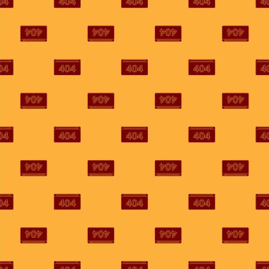 Kırmızı Sayfa 'da 404 hata simgesi var. Kahverengi arkaplanda kusursuz desen var. Şablon sayfanın bulunmadığını bildiriyor. Vektör İllüstrasyonu