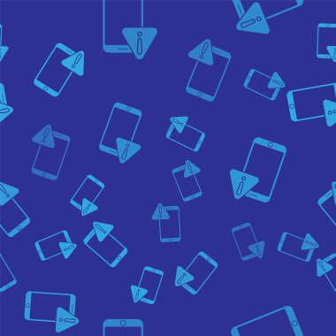 Mavi cep telefonunda ünlem işareti simgesi var. Mavi arka planda kusursuz desen var. Uyarı mesajı akıllı telefon uyarısı. Vektör İllüstrasyonu