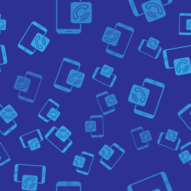 Mavi Mobil telefon arama ikonu mavi arka planda kusursuz desen izole etti. Vektör İllüstrasyonu