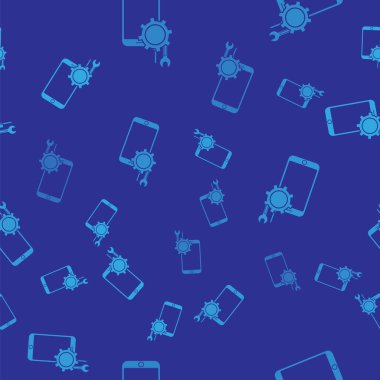 Mavi cep telefonunda tornavida ve ingiliz anahtarı simgesi var. Mavi arka planda pürüzsüz desen var. Ayarlama, servis, ayar, bakım, onarım. Vektör İllüstrasyonu